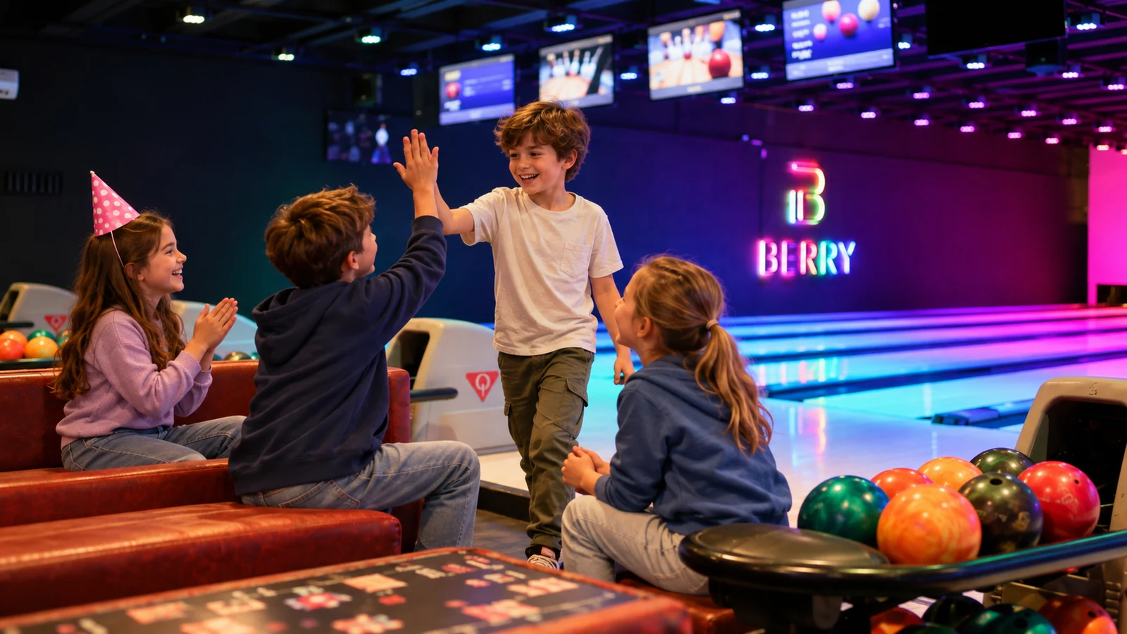 Kinder feiern einen Bowlingwurf mit einem High-five beim Geburtstag im BERRY